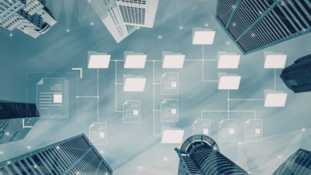 Modern office skyscrapers surround a digital network diagram showcasing company connections and...
