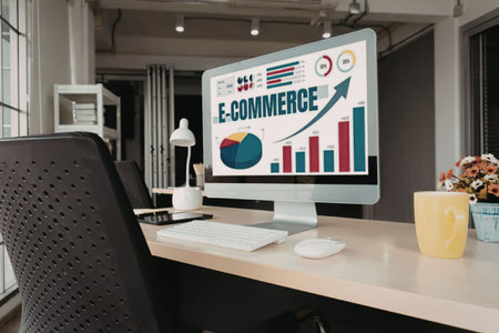Modern office workspace with computer monitor displaying e-commerce data and various colorful charts...
