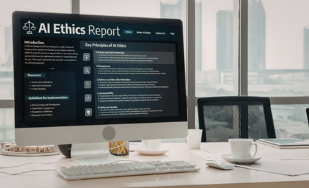 Computer monitor displays AI ethics report on a clean desk with keyboard and mouse in a modern...
