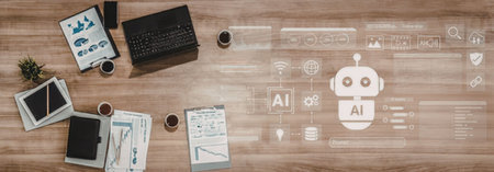 Modern office workspace with laptop, tablet, and documents on a wooden desk surrounded by coffee...