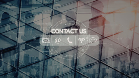 Modern transparent contact us interface overlay on a glass building reflection background...