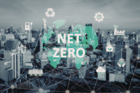 Net zero concept with green world map and sustainability icons on a cityscape background symbolizing...