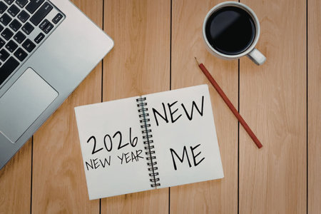 Notebook with new year resolution concept lies on wooden table with laptop and coffee cup nearby...