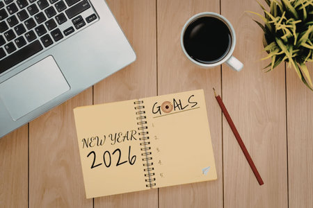 Notebook with new year 2026 goals written in it lies on wooden desk with pencil, coffee, and laptop...