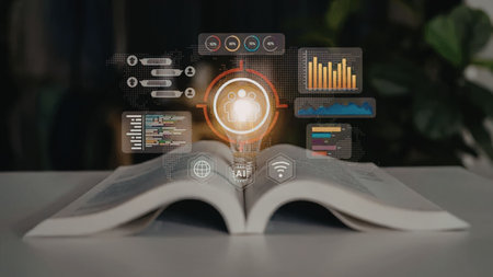 Open book with glowing light bulb surrounded by digital icons graphs and charts symbolizing...