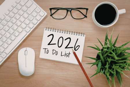 Notepad on a wooden desk with 2026 to do list written, surrounded by office supplies, a cup of...