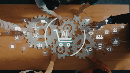 People gather around a wooden table to collaborate on an artificial intelligence project...