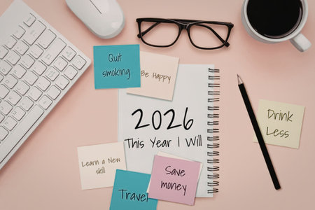 New year resolution notes on a spiral notebook surrounded by sticky notes and office supplies on a...