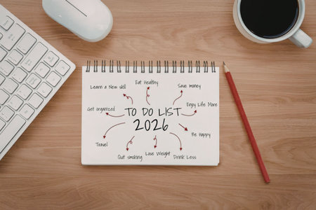 A spiral notebook with a handwritten 2026 to-do list surrounded by a keyboard, mouse, pencil, and coffee on a wooden desk, symbolizing personal goal setting and planning for the new year.の写真素材