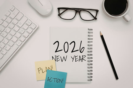 Notebook with 2026 new year written on it, surrounded by coffee, glasses, pencil, and office...