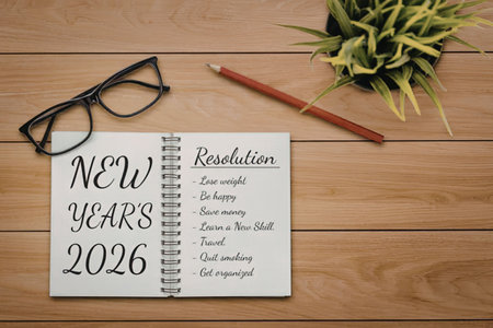 Notebook with new year's resolutions list lies on a wooden desk accompanied by glasses and a pencil...