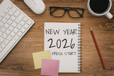 Notebook on a wooden desk displays new year 2026 and fresh start surrounded by office supplies...
