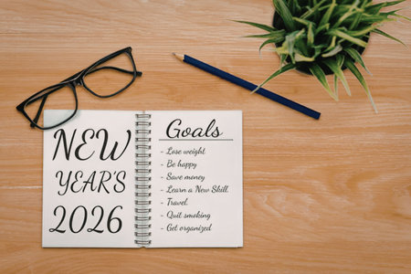 Notebook with new year's goals listed lies on a wooden desk accompanied by glasses, pen, and a small...