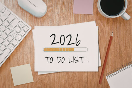 Notepad on a wooden desk lists 2026 to-do tasks near a keyboard, mouse, coffee, and pencil,...