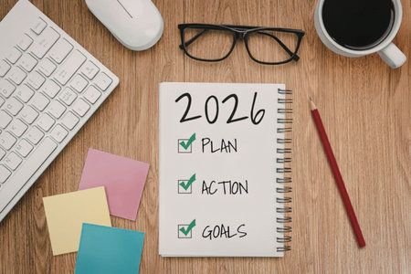 Notebook with 2026 checklist on a wooden desk surrounded by office supplies and a cup of coffee,...