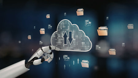 Robot hand interacts with a cloud storage symbol, representing data transfer automation and advanced...