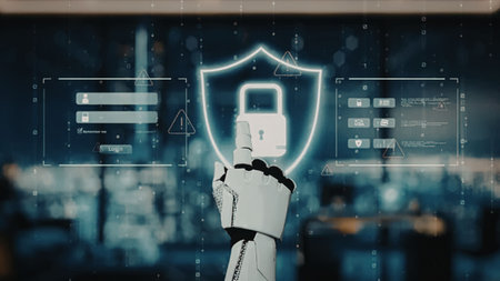 Robot hand engages with digital interface displaying glowing shield and login screen, symbolizing...
