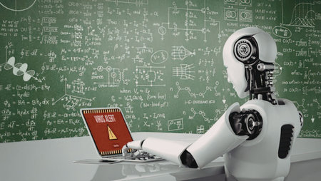 White robot sits at desk using laptop with visible warning sign on screen in front of green chalkboard filled with complex mathematical equations and diagrams.の写真素材