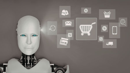 Robot humanoid managing online shopping cart with various e-commerce icons surrounding it digitally...
