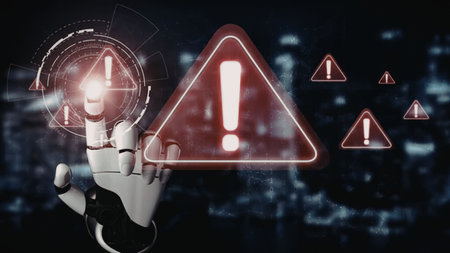 Robotic hand with a glowing red exclamation mark symbolizes a digital warning or alert indicating...