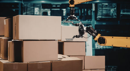 Robotic arm handles and stacks cardboard boxes in a warehouse, showcasing modern automation and logistics technology in action with precision and efficiency.の写真素材