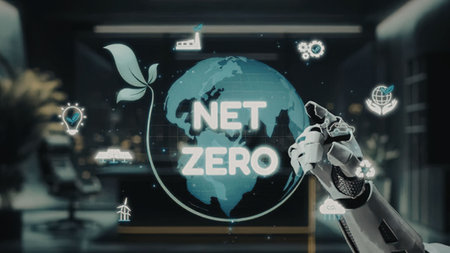 Robotic hand holds a glowing blue earth with net zero carbon emissions concept surrounded by icons...