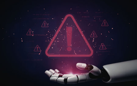 Robotic hand holds a glowing pink warning sign with exclamation mark against a dark blue background...