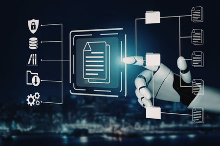 Robotic hand interacts with a digital document interface displaying various icons and connectivity...