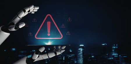 Robotic hand displays warning sign on digital tablet screen with alert symbols floating around...