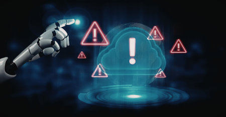 Robotic hand touches a glowing cloud symbol surrounded by warning signs indicating potential...