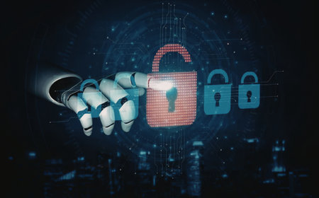 Robotic hand engages with digital lock icons symbolizing the integration of cybersecurity and...