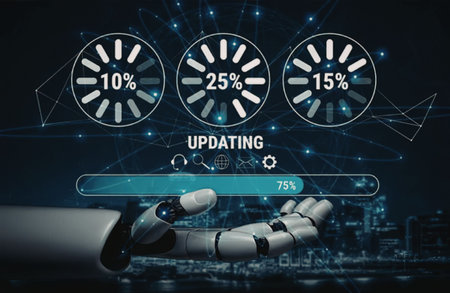 Robotic hand engages with a digital interface displaying software update progress with loading bars...