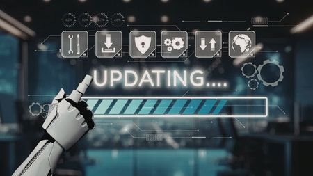 Robotic hand engages with advanced user interface showing software update progress in a high tech...