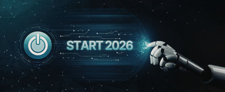 Robotic hand presses a glowing power button to start 2026 symbolizing the beginning of a new...