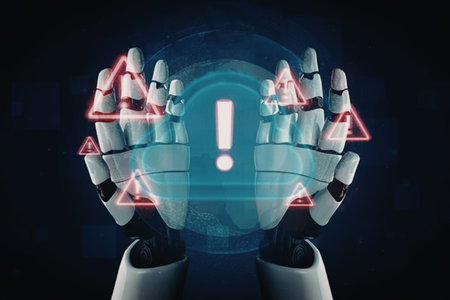 Robotic hands hold a glowing exclamation mark surrounded by warning signs, indicating artificial...
