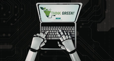 Robotic hands typing on a laptop with a green think green message displayed on the screen,...
