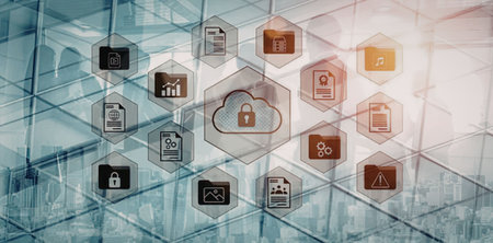 Cloud storage system surrounded by various file types and security icons, representing secure data...