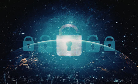 Glowing padlock icon over the earth represents global cybersecurity and data protection, surrounded...