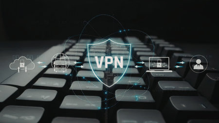 Vpn shield icon on a keyboard symbolizing secure online connection and data protection for private...