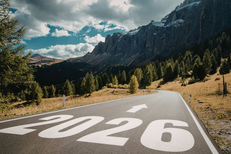 Mountain road with 2026 painted on the asphalt leads to a beautiful landscape with trees and rugged...