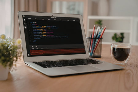 Silver laptop on wooden desk displays coding software, accompanied by coffee and stationery,...