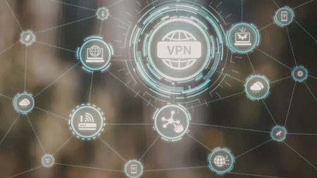 Virtual private network connection concept with VPN icon at the center surrounded by global network...