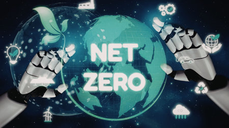 Robotic hands support the earth with green elements symbolizing net zero emissions and sustainable...