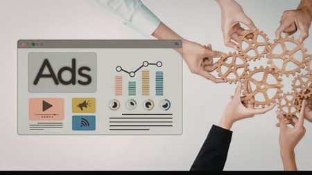 Diverse group of professionals assembling wooden gears and puzzle pieces near a digital ad interface...
