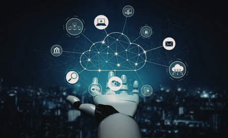 Robotic hand illuminated by a cloud computing network symbolizes artificial intelligence and digital...