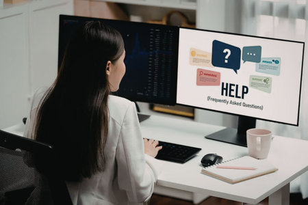 Businesswoman sits at a desk with two computer monitors displaying graphs and FAQs in a modern...