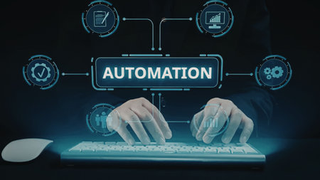 Hands typing on a glowing keyboard surrounded by futuristic automation interface graphics in a dark...