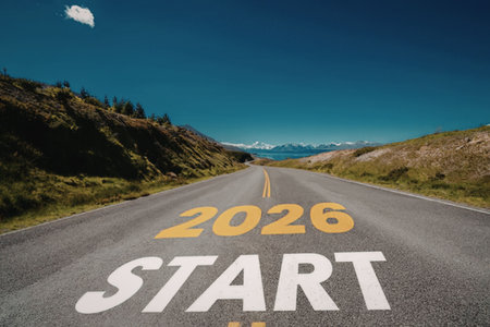 Empty highway with 2026 start written on the road leads to a scenic mountainous landscape on a clear...