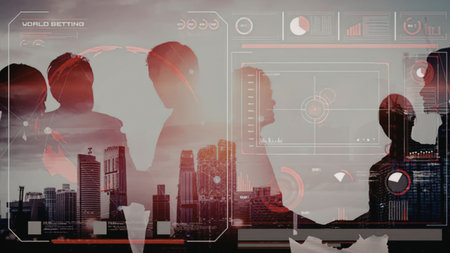 Business professionals collaborate with futuristic technology to analyze global data and financial...