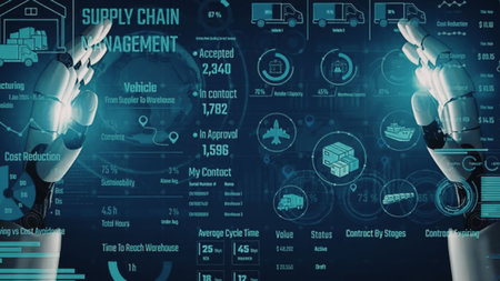 A futuristic representation of supply chain management with robotic hands and digital interface.